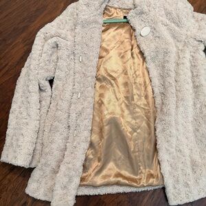 dennis basso Cream Teddy Faux Fur Jacket with Gold Lining